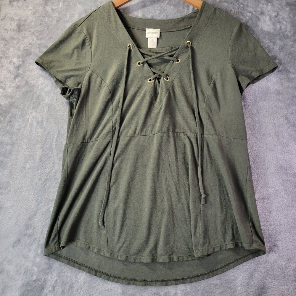 Chico’s‎ Womens Lace Up Tunic Top 1 (M/8) Green Casual Everyday Stretch Vibe